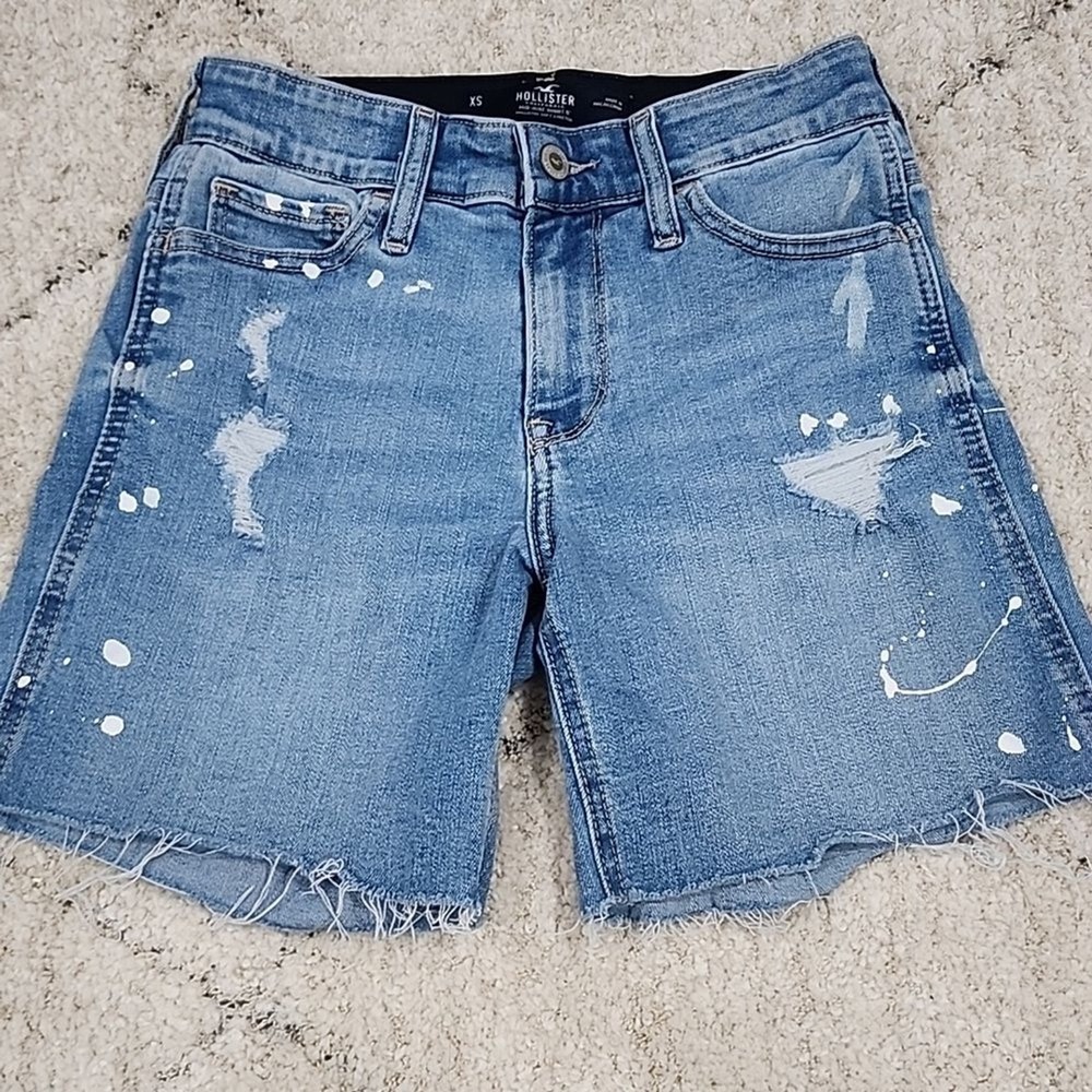 Hollister Mid-Rise Short 5 Womens XS Blue Distressed Paint Splatter Shorts Pride